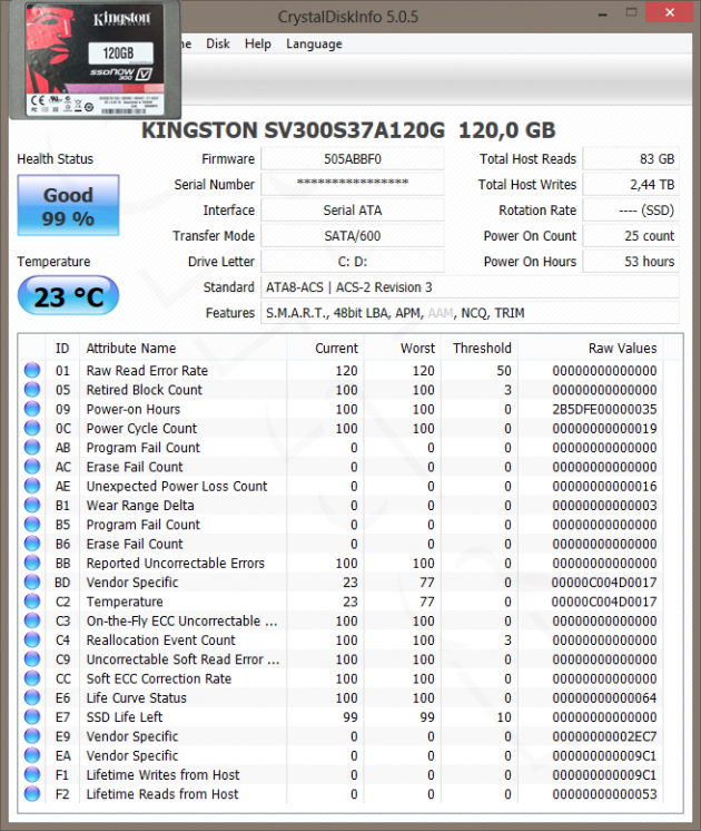 CrystalDiskInfo - Kingston SSDNow V300 120GB