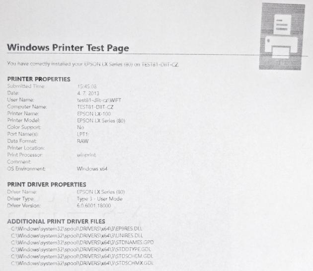 Epson LX-100 - zkušební stránka tiskárny z Windows 8.1