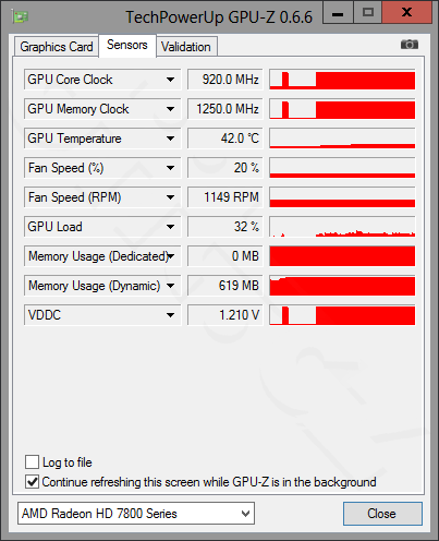 GPU-Z - Radeon HD 7850 - stav v zátěži virtuálním počítačem