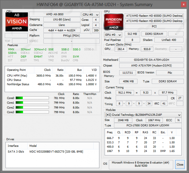 HWiNFO64 - konfigurace s AMD A8-3850 s Radeon HD 6550D