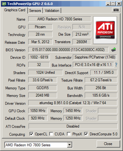 Sapphire Radeon HD 7850 OC: GPU-Z