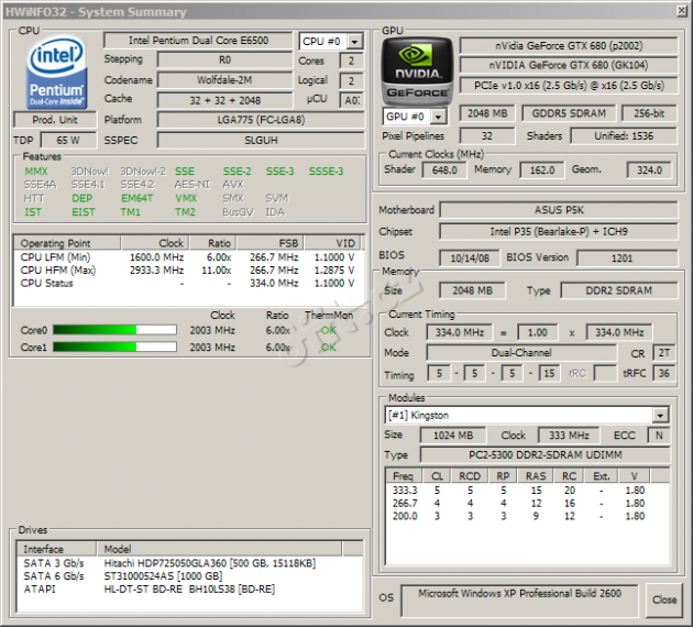 GeForce GTX 680 v P35/E6500 PCIe1.1 sestavě, HWInfo32