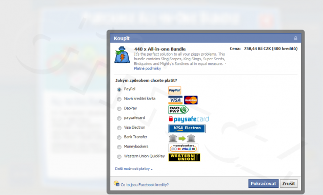 Angry Birds na Facebooku - Angry Birds Shop - výběr způsobu platby