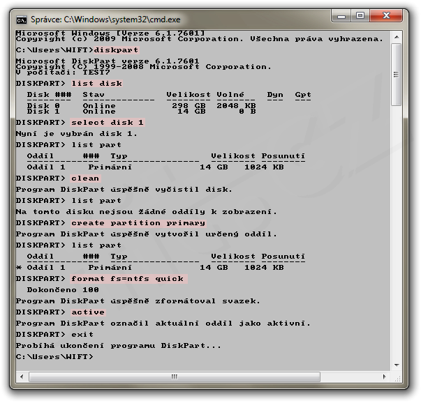 Smazání disku a vytvoření oddílu nástrojem diskpart