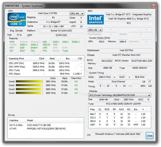HWiNFO64 - Intel Core i7-3770K + DZ77GA-70K