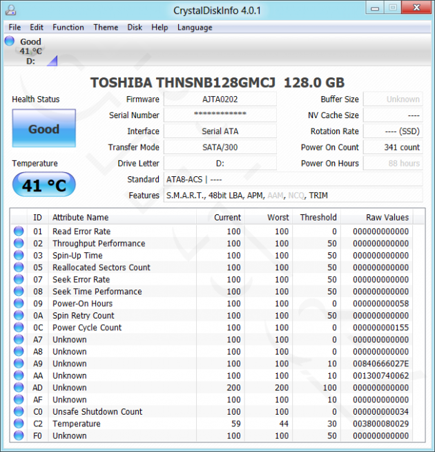 Toshiba Portégé Z830 - CrystalDiskInfo - Toshiba 128GB SSD THNSNB128GMCJ
