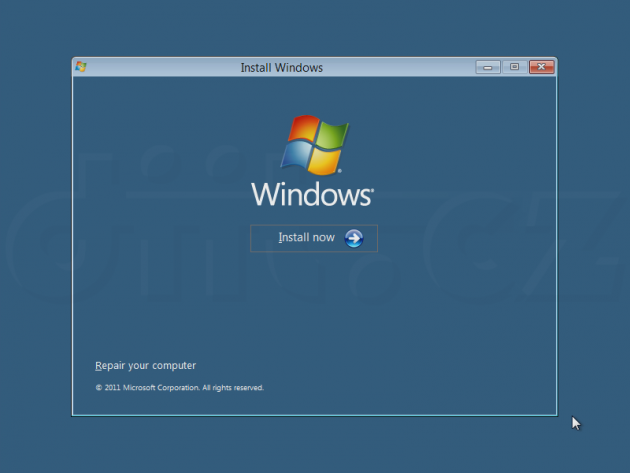 Úvodní instalační obrazovka Windows Developer Preview