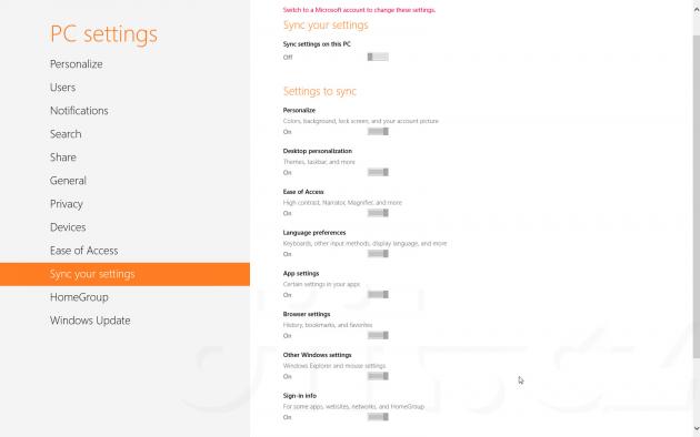 Windows 8 Consumer Preview - PC settings - nastavení synchronizace