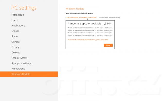 Windows 8 Consumer Preview - PC settings - Windows Update - hned 4 nové aktualizace