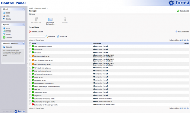 Forpsi Plesk Control Panel - firewall