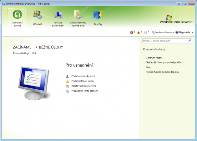 Windows Home Server 2011 - řídicí panel