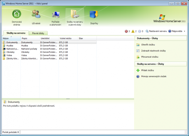 Windows Home Server 2011 - řídicí panel