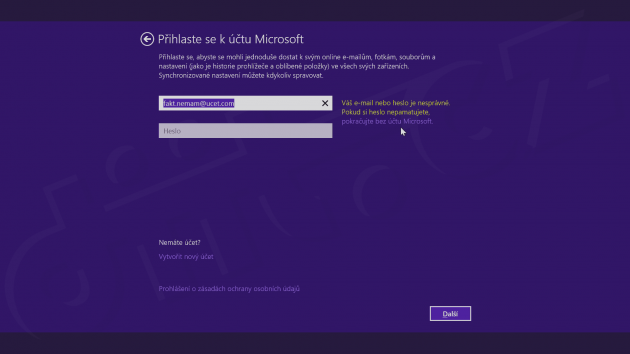 Instalace Windows 8-1 Pro - přihlaste se k účtu Microsoft - chyba účtu