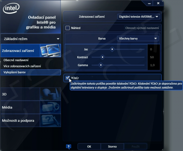Intel Graphics Control panel - nastavení YCbCr