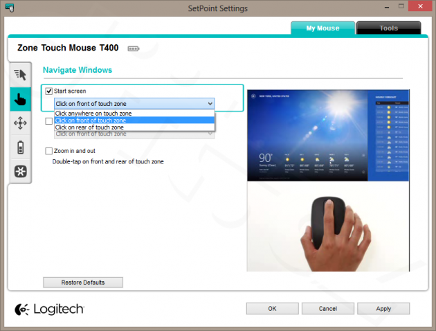 Logitech Zone Touch Mouse T400 - SetPoint - Navigate Windows - Start Screen