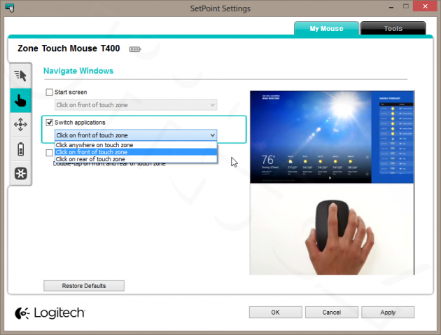 Logitech Zone Touch Mouse T400 - SetPoint - Navigate Windows - Switch applications