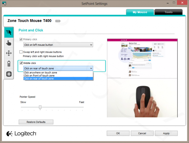 Logitech Zone Touch Mouse T400 - SetPoint - Point and Click
