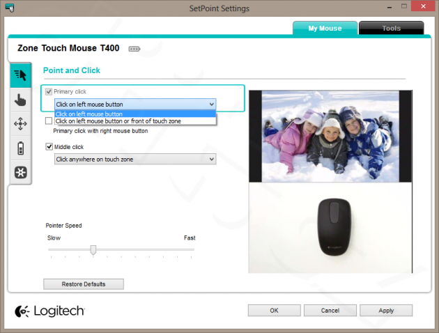 Logitech Zone Touch Mouse T400 - SetPoint - Point and Click - Primary Button