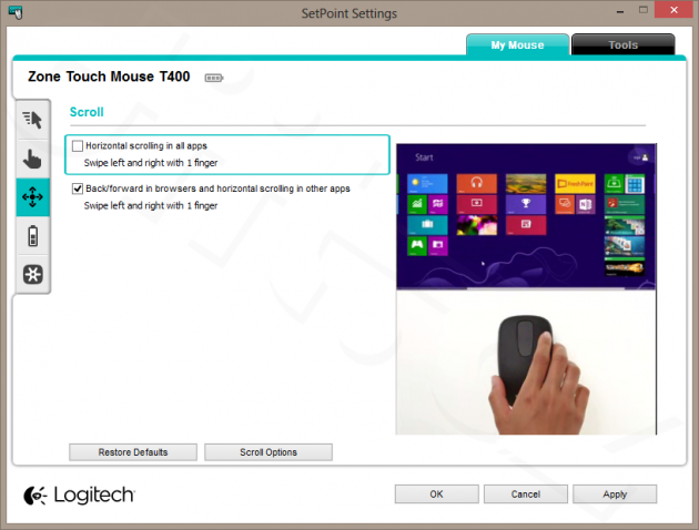Logitech Zone Touch Mouse T400 - SetPoint - Scroll