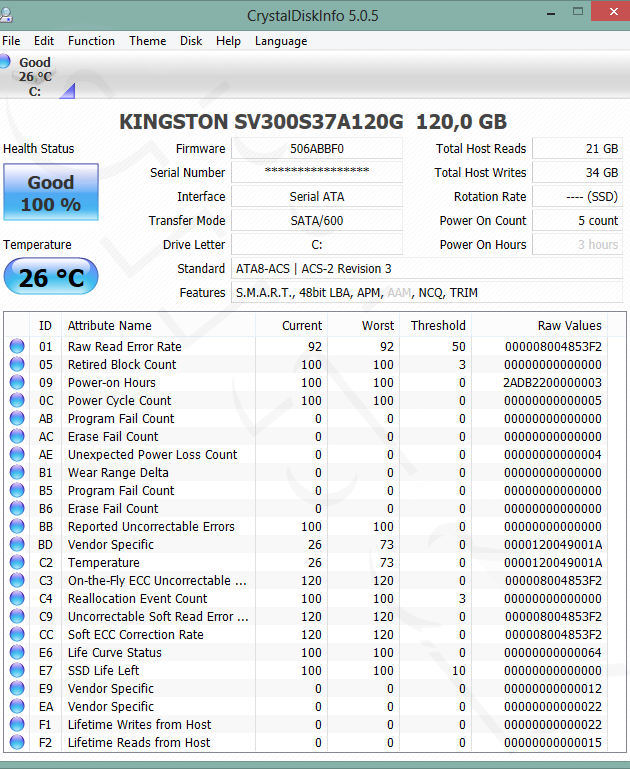 Nový Kingston SSDNow V300 120GB v Lenovo IdeaPad B590 - CrystalDiskInfo