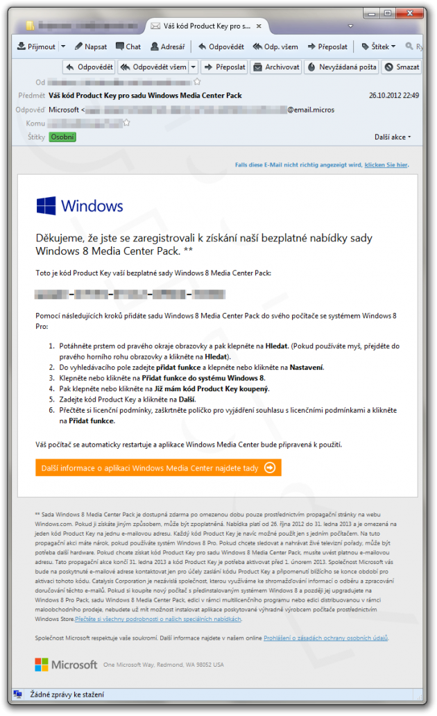 Registrační e-mail pro sadu Windows 8 Media Center Pack