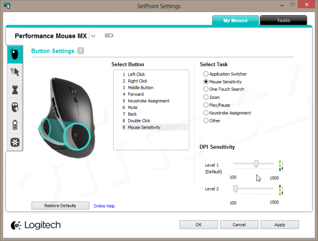 Logitech SetPoint - nastavení citlivosti myši (Performance Mouse MX)