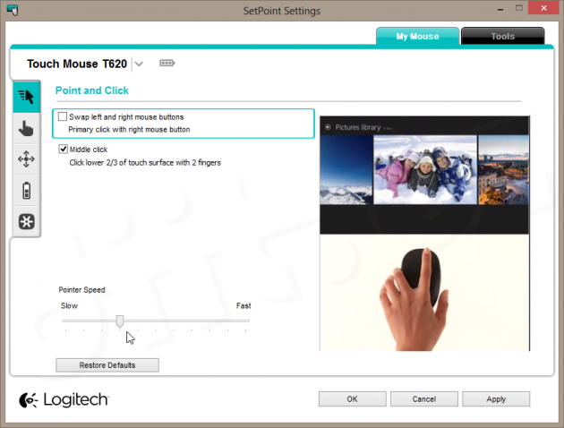 Logitech SetPoint - nastavení rychlosti kurzoru myši (Touch Mouse T620)