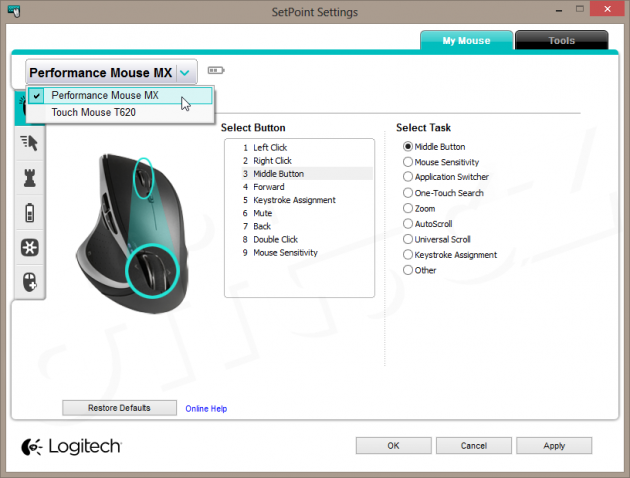 Logitech SetPoint - ovládání dvou myší (Touch Mouse T620 a Performance Mouse MX)