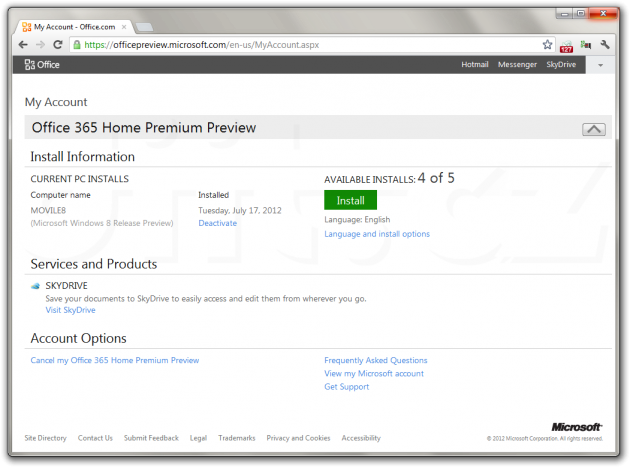 Správa aktivace instalací Office 365 Home Premium Preview