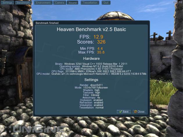Unigine Heaven Benchmark v2.5 - výsledek přes RemoteFX