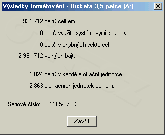 Výsledek formátování diskety na 2,88 MB - Windows Me