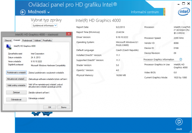 Windows 8.1 - informace o ovladači grafiky procesoru Intel Ivy Bridge