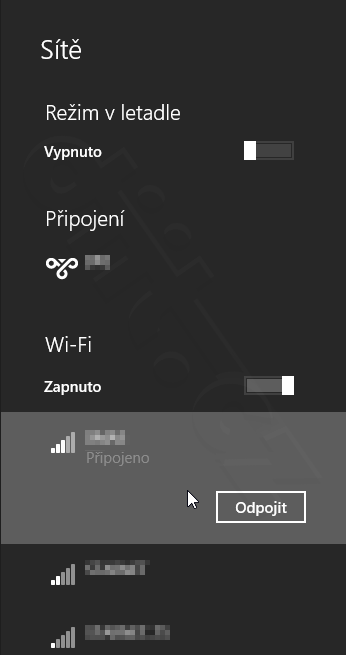 Windows 8.1 - pravé tlačitko na Wi-Fi síti v postranním panelu
