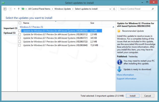 Windows 8.1 - Windows Update - volitelné aktualizace