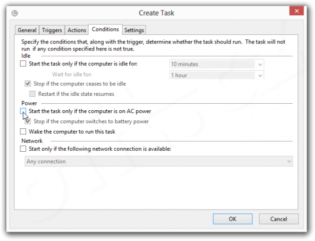 Windows 8 - Create Task - Conditions
