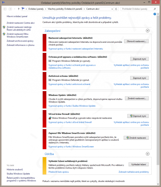 Windows 8 - nastavení (ne)zabezpečení