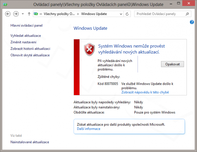 Windows 8 a Windows Update - výměnné médium