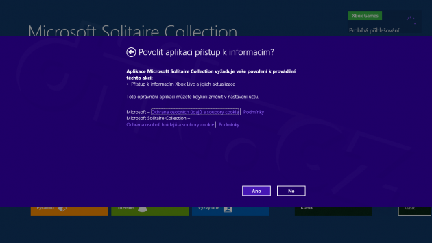 Windows RT - Solitaire chce přístup do Xbox Live