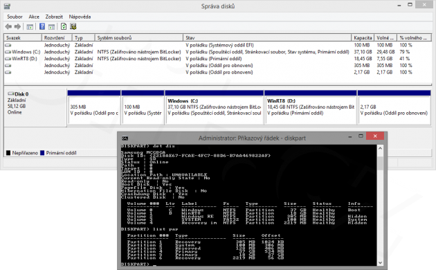 Windows RT 8.1 - správce disků a výpis oddílů z diskpart