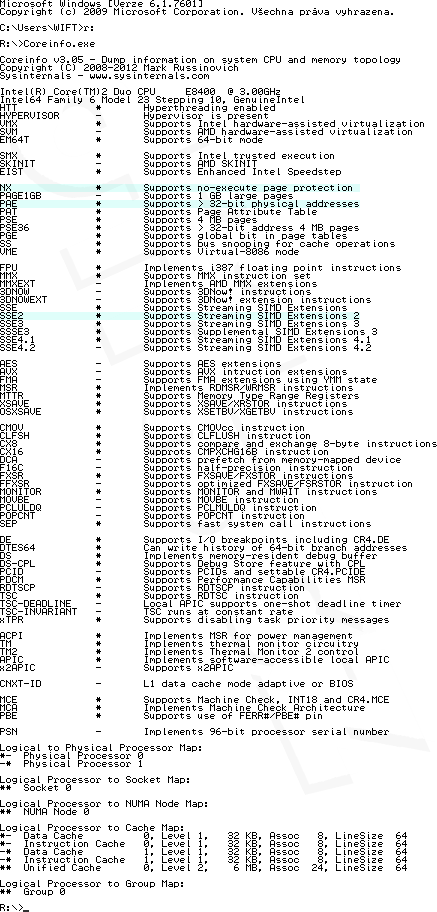 Výpis z programu coreinfo