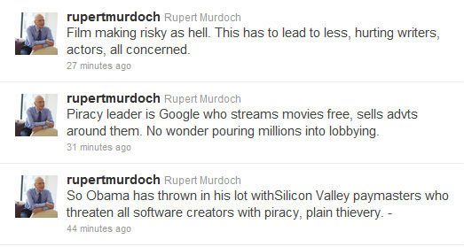 Tweety Ruperta Murdocha proti odpůrcům SOPA