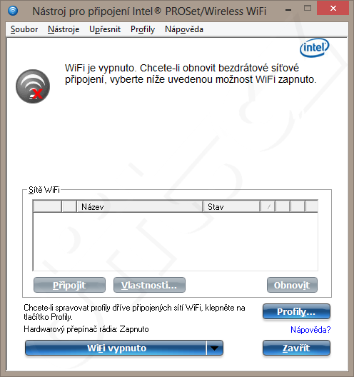 Intel PROSet Wireless - Wi-FI vypnuto