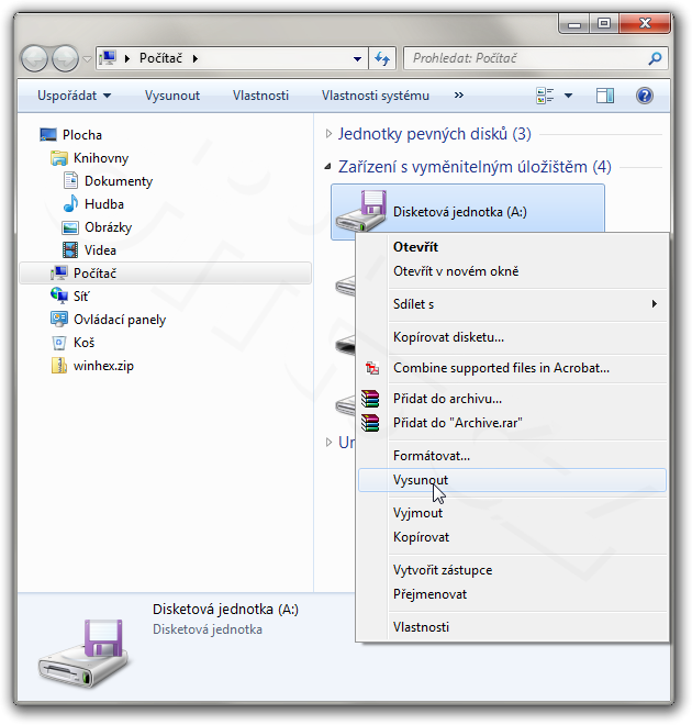LS-120 jako A ve Windows 7 s možností vysunutí