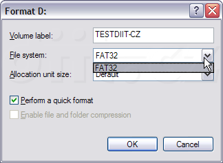 Možnosti formátování PD v mechanice LF-D101 ve Windows XP x64 - pouze FAT32