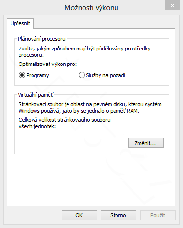 Možnosti výkonu - není stránkovací soubor