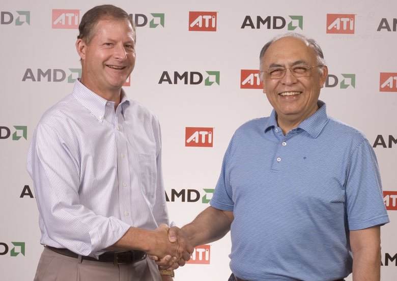 Šéfové ATI (Dave Orton) a AMD (Hector Ruiz) si podávají ruce u p