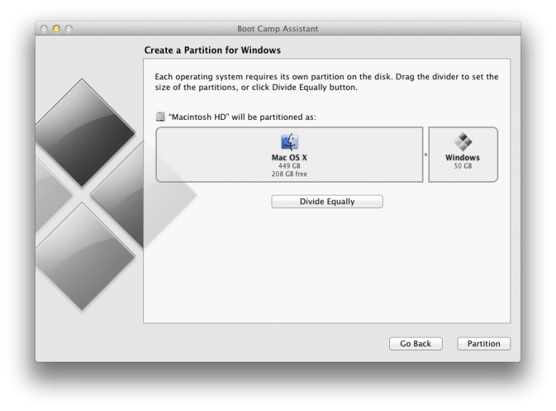 Apple Boot Camp Select Partition Size