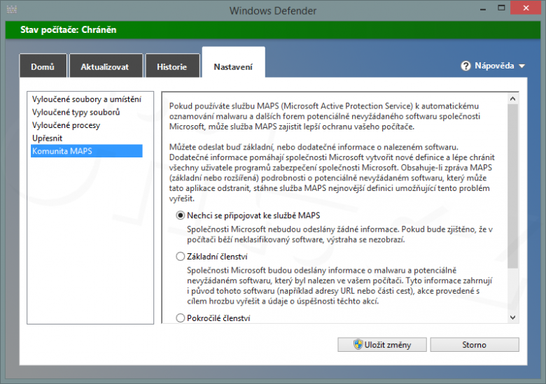 Windows RT 8.1 - Windows Defender - nastavení