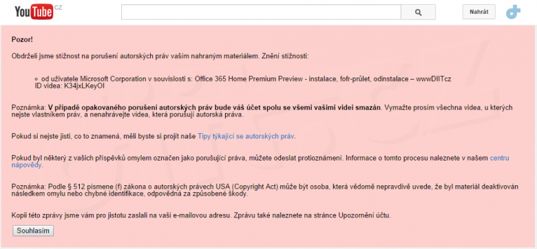 Youtube Upozorneni Na Pouruseni Autorskych Prav Od Uzivatele Microsoft Corporation V Souvislosti S Office 365 Home Premium Preview