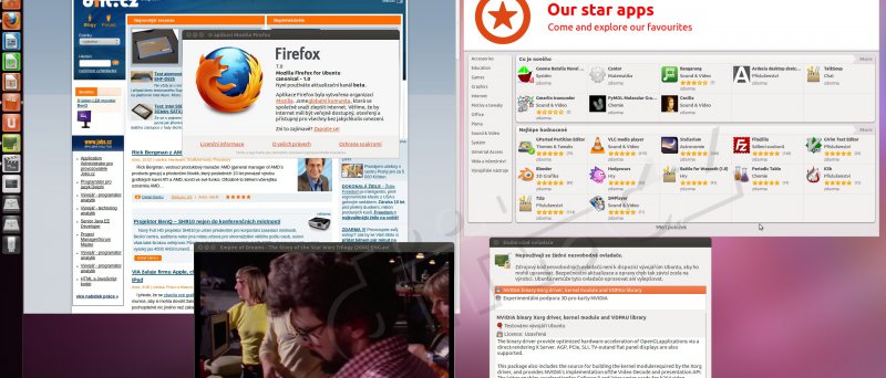 Ubuntu 11.10 beta 2, plocha, Firefox, ovladače, Centrum softwaru, přehrávač videí